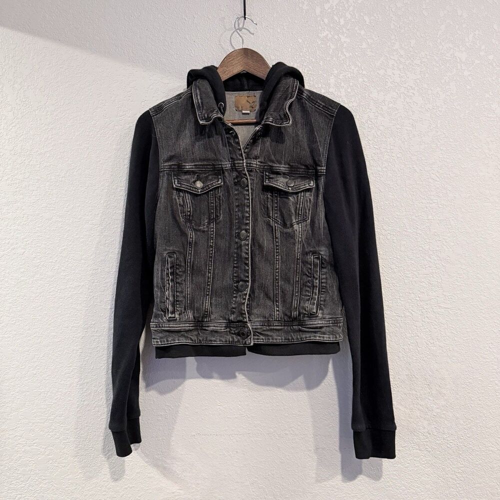 American Eagle Black Hooded Sweater Denim Jean Jacket Size Large Cozy